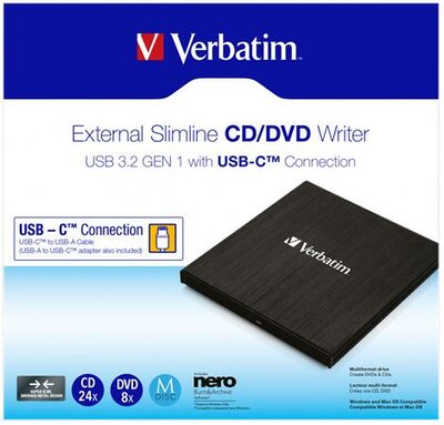 VERBATIM - CD/DVD író, vékony, fém ház, USB 3.2 - USB-C, - 43886