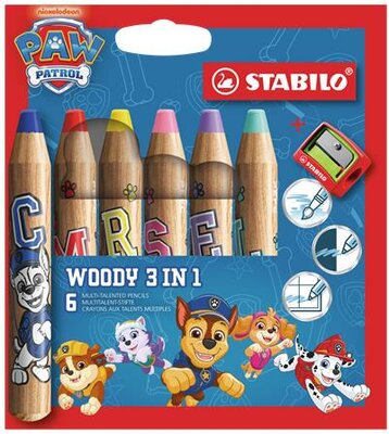 Színesceruza készlet, kerek, vastag, hegyezővel, STABILO "Woody 3 in 1", Mancs őrjárat, 6 különböző szín, (7 db)
