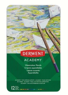 Akvarell ceruza készlet, fém doboz, DERWENT "Academy", 12 különböző szín, (12 db)