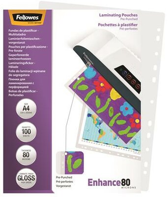 Meleglamináló fólia, lefűzhető, 80 mikron, A4, fényes, 100 db, FELLOWES, (100 db)