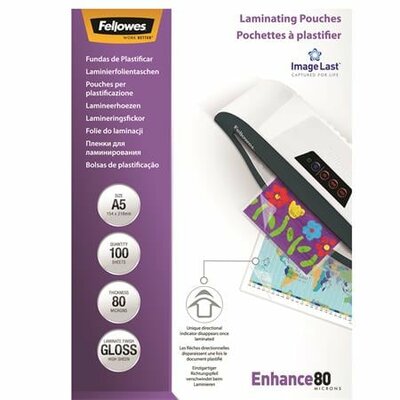 Meleglamináló fólia, 80 mikron, A5, fényes, 100 db, FELLOWES, (100 db)