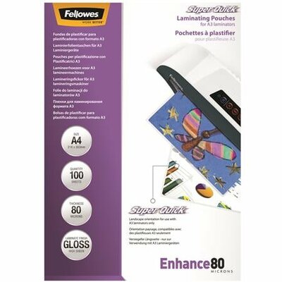 Meleglamináló fólia, 80 mikron, A4, SuperQuick, fényes, 100 db, FELLOWES, (100 db)