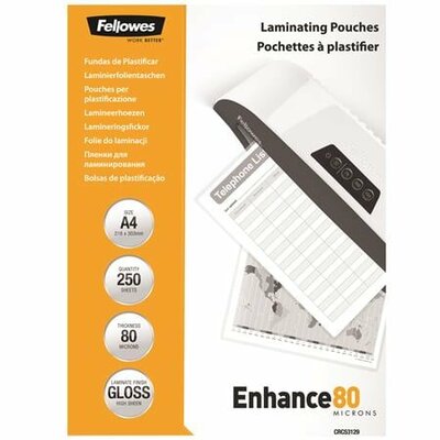 Meleglamináló fólia, 80 mikron, A4, fényes, 250 db, FELLOWES, (250 db)