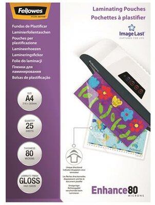 Meleglamináló fólia, 80 mikron, A4, fényes, 25 db, FELLOWES, (25 db)