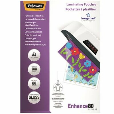 Meleglamináló fólia, 80 mikron, A4, fényes, 100 db, FELLOWES, (100 db)