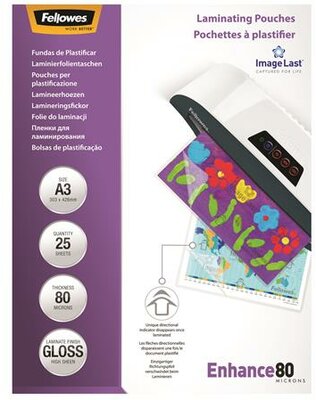 Meleglamináló fólia, 80 mikron, A3, fényes, 25 db, FELLOWES, (25 db)