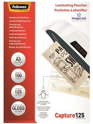 Meleglamináló fólia, 125 mikron, A3, fényes, 100 db, FELLOWES, (100 db)