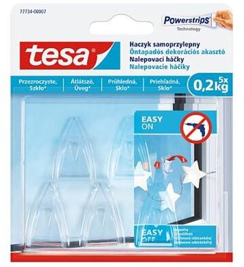 Műanyag akasztó, ragasztócsíkkal, kis méret, TESA "Powerstrips®", átlátszó, (5 db)