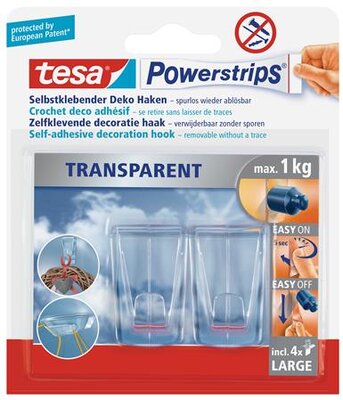 Műanyag akasztó ragasztócsíkkal, TESA "Powerstrips®", átlátszó, (2 db)