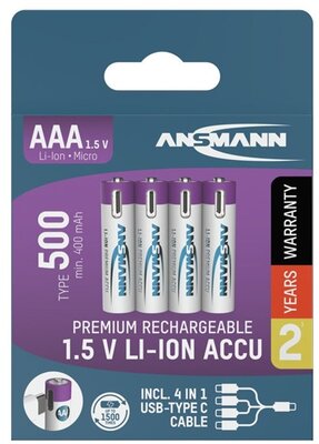 ANSMANN - akku, Li-ion, Lítium, micro ceruza, AAA, 500 mAh, Játékvezérlőkhöz is, USB-C kábellel tölthető, 4 db - 4013674193967