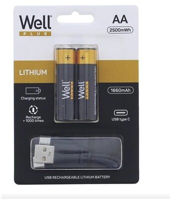 WELL akku elem, USB-C kábellel újratölthető, ceruza (AA) 1660mAh, 2db/Cs