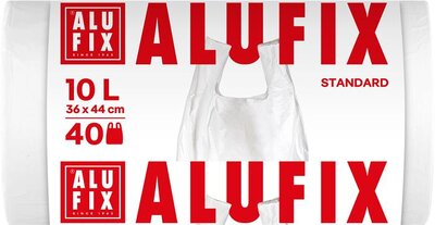 Szemeteszsák, köthető füllel, 10 l, 40 db, 36x44 cm, 10 µ, ALUFIX, fehér, (40 db)