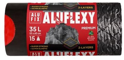 Szemeteszsák, zárószalagos, 35 l, 15 db, 53x60 cm, 28 µ, ALUFIX "Aluflexy", fekete, (15 db)