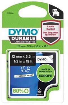 Feliratozógép szalag, 12 mm x 5,5 m, tartós, DYMO "D1", fehér-fekete