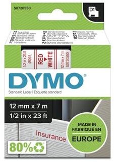 Feliratozógép szalag, 12 mm x 7 m, DYMO "D1", fehér-piros