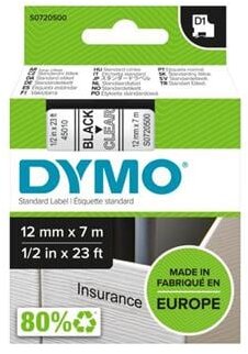 Feliratozógép szalag, 12 mm x 7 m, DYMO "D1", víztiszta-fekete