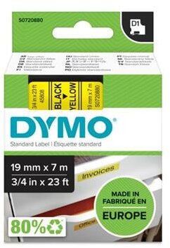 Feliratozógép szalag, 19 mm x 7 m, DYMO "D1", sárga-fekete