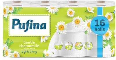 Toalettpapír, 3 rétegű, kistekercses, 16 tekercs, PUFINA "Chamomile", kamilla illattal, (16 tek)