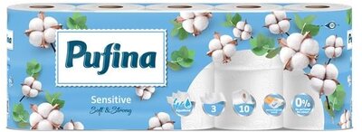 Toalettpapír, 3 rétegű, kistekercses, 10 tekercs, PUFINA "Sensitive Aquabond", illatmentes, (10 tek)