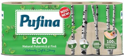 Toalettpapír, 3 rétegű, kistekercses, 8 tekercs, PUFINA "Eco", fehérítetlen és vegyszermentes, (8 tek)