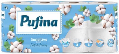 Toalettpapír, 3 rétegű, kistekercses, 8 tekercs, PUFINA "Sensitive Aquabond", illatmentes, (8 tek)
