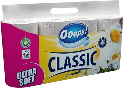 Toalettpapír, 3 rétegű, kistekercses, 8 tekercs, OOOPS "Classic", kamilla, (8 tek)