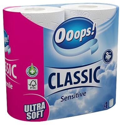 Toalettpapír, 3 rétegű, kistekercses, 4 tekercs, OOOPS "Classic", sensitive, (4 tek)