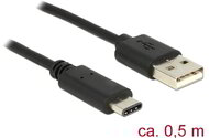Delock USB 2.0-s kábel A-típusú csatlakozódugóval > USB Type-C 2.0 csatlakozódugóval, 0,5 m, fekete