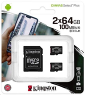 Kingston - MICROSDHC CANVAS SELECT PLUS 64GB (2db/CS) + ADAPTER - SDCS2/64GB-2P1A