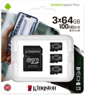 Kingston - MICROSDHC CANVAS SELECT PLUS 64GB (3db/CS) + ADAPTER - SDCS2/64GB-3P1A