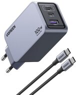 UGREEN - Nexode Pro hálózati töltő, 100W, 3 Port, GaN, 2x USB-C, 1x USB-A - Szürke - 25874