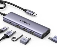 UGREEN - USB HUB 5 az 1-ben, 4K@30Hz, USB HUB, HDMI 1.4, 3x USB-A 3.0, USB-C, 100W - Szürke - 15596