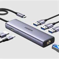 UGREEN - USB HUB 6 az 1-ben, 4K@30Hz, USB HUB, Ethernet, HDMI 1.4, 3x USB-A, 100W - Szürke - 15598