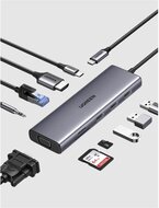 UGREEN - Dokkoló állomás 10 az 1-ben, 4K@30Hz, USB HUB, Ethernet, HDMI 1.4, VGA, 100W, SD/TF, 3,5mm Jack - Szürke - 15601
