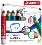 Stabilo MARKdry táblákhoz és flipchartokhoz 4db-os vastag színes táblaceruza készlet törlőkenővel és hegyezővel