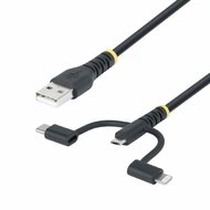 Startech - 1 m-es strapabíró USB többfunkciós töltőkábel 3 az 1-ben, USB - USB-C Micro Lightning, Apple Mfi tanúsítvánnyal - RLTCUB1MBK
