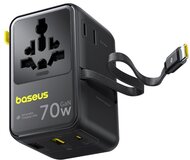 Baseus - EnerCore CG11 töltőállomás, 70W, 1×AC + 2×USB Type-A + 1×USB Type-C + 1×USB Type-C automata behúzós kábel, fekete - E0307E00
