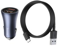 Baseus - Golden Contactor Pro autós gyorstöltő 40W, 2×USB Type-A, szürke + 100W USB, 1m kábel - TZCCJD-A0G