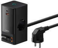 Baseus - PowerCombo töltőállomás 65W, 2×CEE 7/3 +1×USB Type-A + 1×USB Type-C + USB Type-C kábel, fekete - PSLR000301