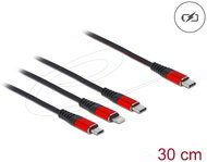 Delock - 30 cm hosszú, USB töltő kábel 3 az 1 USB Type-C apa Lightning -, Micro USB- és USB Type-C™ csatlakozáshoz fekete / piros - 86710