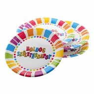 Tányér, papír, 23 cm, "Boldog születésnapot", csíkos-pöttyös, (6 db)