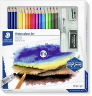 Akvarell ceruza készlet, ecsettel, radírral, hegyezővel, grafitceruzával, STAEDTLER® "146 10C", 12 különböző szín, (18 db)
