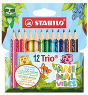 Színes ceruza készlet, háromszögletű, vastag, STABILO "Trio Thick Short Animal Vibes", 12 különböző szín, (12 db)