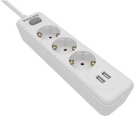 Elosztósor, 3 csatlakozóaljzat, 2xUSB-A, 2 m kábel, PHILIPS, fehér