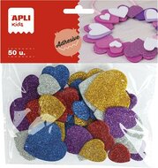 Moosgumi, öntapadó, glitteres, szívek, APLI Kids "Eva Sheets", vegyes színek, (50 db)
