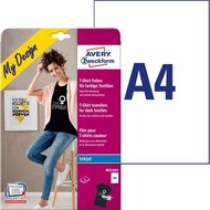 Fólia, vasalható, A4, tintasugaras nyomtatóba, sötét és színes textilhez, AVERY ZWECKFORM, (4 lap)
