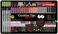 Tűfilc készlet, fém doboz, STABILO "Creative Tips ARTY", 6 különböző pasztell szín, 5 különböző vastagság, (30 db)