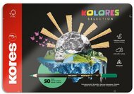 Színes ceruza készlet, háromszögletű, fém doboz, KORES "Kolores Selection", 50 különböző szín, (50 db)