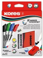 Tábla- és flipchart marker készlet mágneses táblatörlő szivaccsal, 3-5 mm, vágott, KORES "XW2", 4 különböző szín, (4 db)