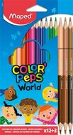 Színes ceruza készlet, háromszögletű, MAPED "Color'Peps World", 12 különböző szín + 3 kétvégű bőrtónus ceruza, (15 db)